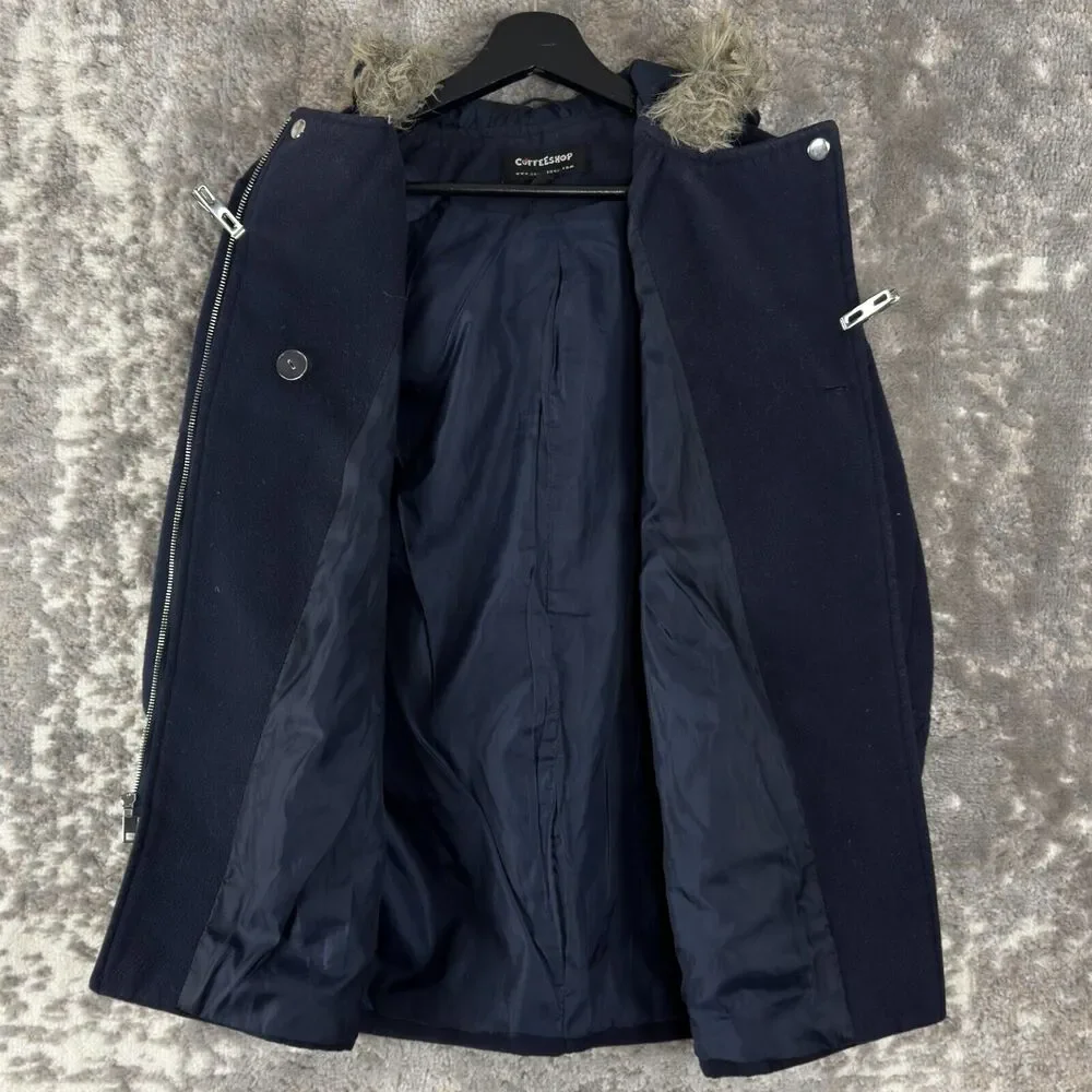 CoffeeShop Womens Sz S Faux Fur Full Zip Jacket Navy Long Sleeve Hooded‎ Outdoor